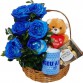 AC06-Cesta com 6 Rosas Azuis+Chocolate 8un+Urso Coração Amor 20cm+Caneca Azul "Como é Grande o meu amor"
