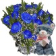 BP63-Buquê com 12 Rosas Azuis+ Gatinha Cinza 25cm