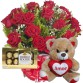 BPC23-Buquê 12 Rosas Vermelhas + Urso Coração Amor 23cm+Chocolate 8un