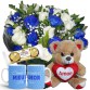 BPCC16-Buquê com 12 Rosas Azuis e Brancas+Chocolate 3un+Urso coração Amor 23cm+1Caneca Azul "Como é Grande o meu..."