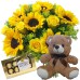 BPC13-Buquê 8 Rosas Amarelas e 8 Girassóis+Chocolate 8un+Urso com Laço 25cm