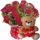 BP42-Buquê com 12 Rosas Vermelhas +Urso 30cm Coração "Eu Te Amo"