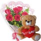 MB63-Mini buquê com 6 Rosas Vermelhas+Urso 25cm "Eu te Amo"