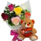 MB11-Mini Buquê 6 Rosas Coloridas+Urso Coração Amor 20cm