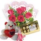 MB17-Mini buquê 6 Rosas Vermelhas+Chocolate 8un+Urso Coração Amor 20cm