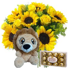 BPC19-Buquê com 8 Rosas Amarelas e 8 Girassóis+Leãozinho 24cm+Chocolate 12un
