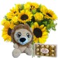 BPC19-Buquê com 8 Rosas Amarelas e 8 Girassóis+Leãozinho 24cm+Chocolate 12un