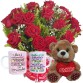 BPCN17-Buquê com 12 Rosas Vermelhas+1Caneca Mulher+Urso Coração Amor 20cm