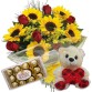 BPC17-Buquê com 8 Rosas e 8 Girassóis+Chocolate 12un+Urso Coração com Laço 20cm