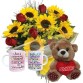 BPCN20-Buquê com 8 Rosas e 8 Girassóis+Urso Coração Amor 15cm+1Caneca Mulher