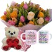 BPCN12-Buquê com 12 Rosas cor Rosa, Amarela e Rosa+Urso com Coração com Laço 20cm+Caneca Mulher