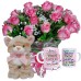 BPCN19-Buquê 12 Rosas Cor Rosa+Gatinha 25cm+Caneca Mulher