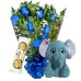 MB88-Mini Buquê 6 Rosas Azuis+Elefante 24cm+Chocolate 3un 