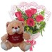 MB65-Mini buquê com 6 Rosas Vermelhas+Urso 25cm "Te Adoro Muito"
