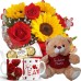 MB20-Mini buquê com 4 Rosas Vermelhas e 4 Girassóis+Urso 25cm "Te Adoro Muito"+1Caneca(Rosas) "Te Amo..."+Chocolate 3un