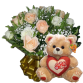 BP40-Buquê com 12 Rosas Branca e Chá + Urso 30cm "Eu te Amo"